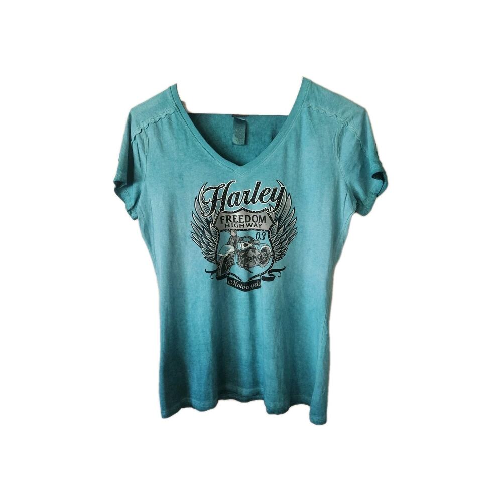 Vtg Harley Davidson Women's T-shirt FREEDOM HIGHWAY 03 Michigan CITY, SZ L Teal